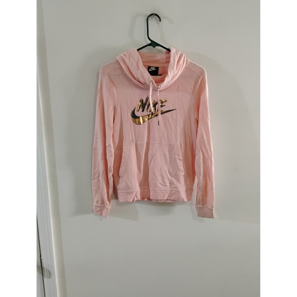Nike Womens Hoodie Peach Pink Gold Leopard Foil Logo Funnel Neck Pullover XS